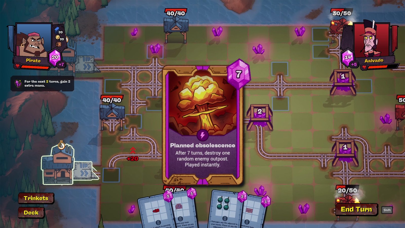 artificial intelligence A flat map covered in train tracks is partially obscured by a card being played. The card denotes a mushroom cloud.