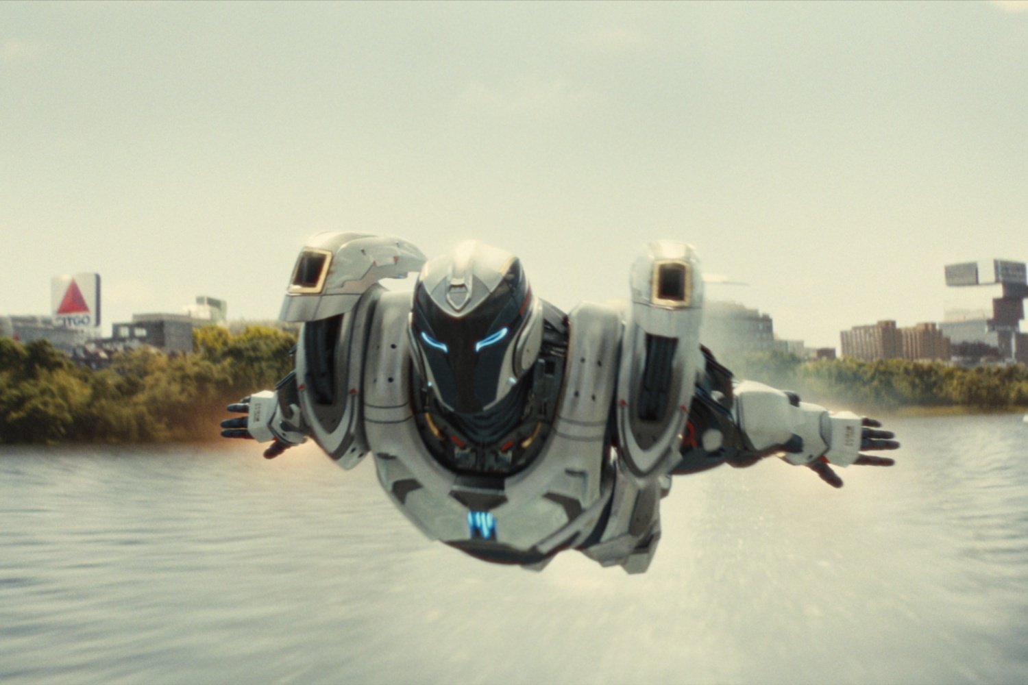 artificial intelligence Ironheart flies over the water.
