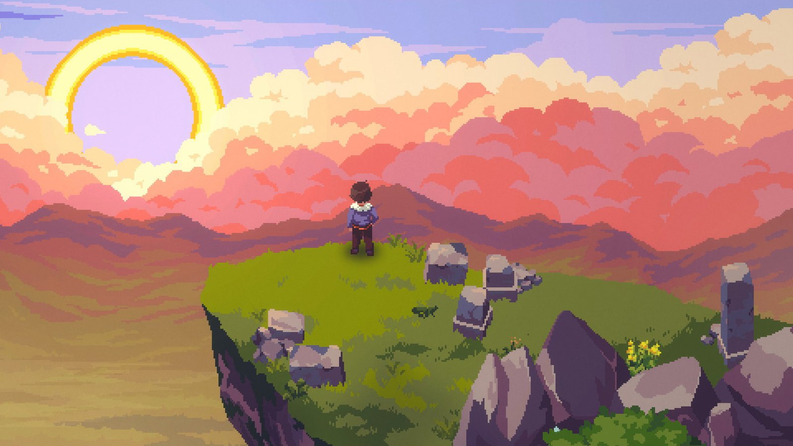 artificial intelligence A young man in a blue jacket on the edge of a cliff looks on at a sunset in a 16-bit pixel art style.