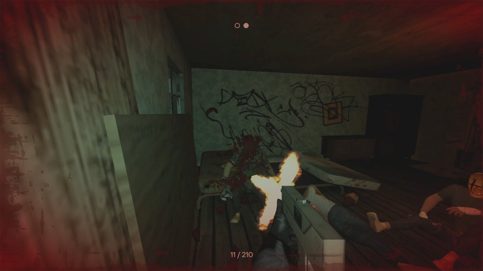 artificial intelligence A low poly 3D man is shot, spaying blood, in a dimly lit warehouse.
