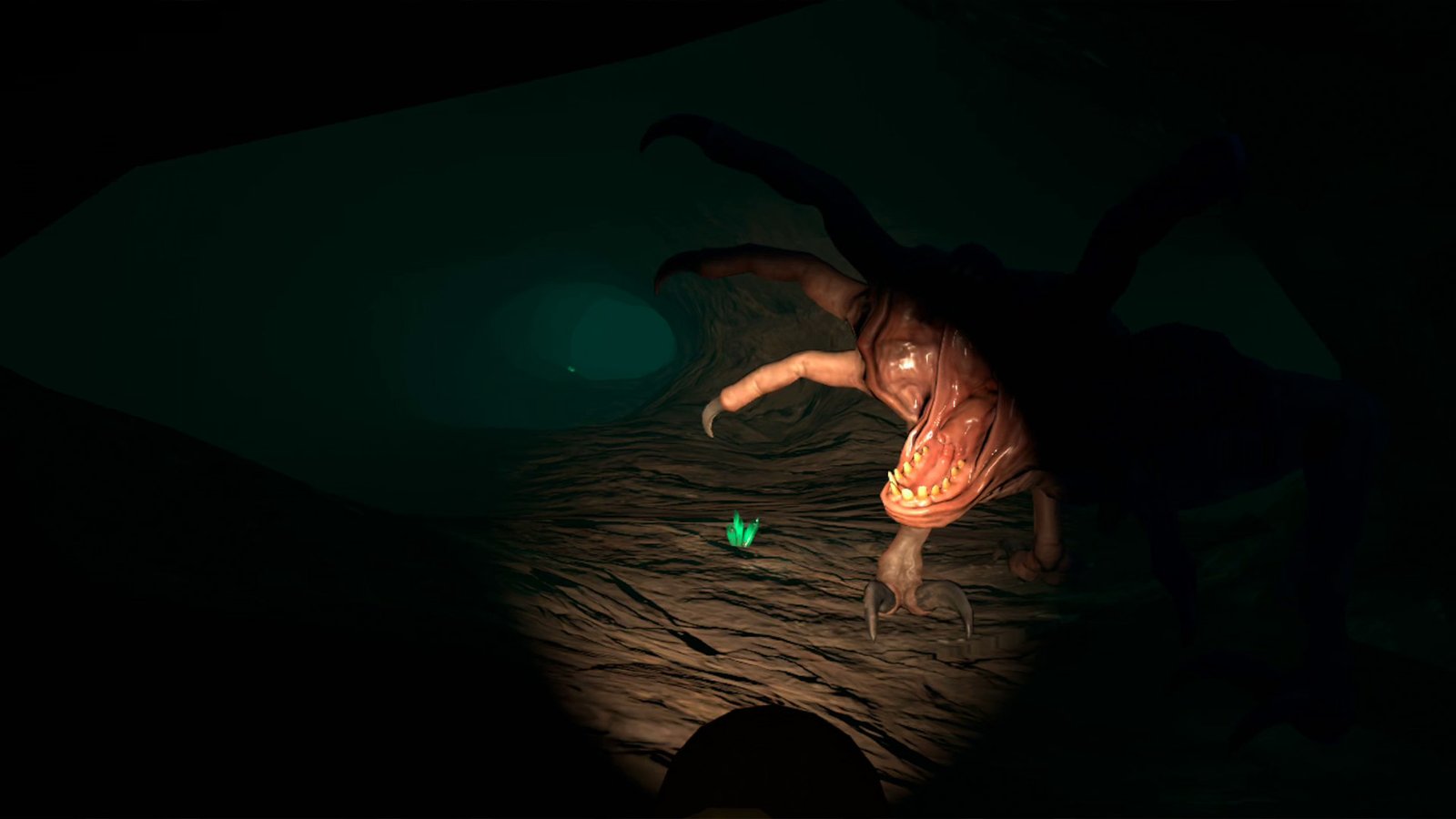 artificial intelligence Just the edge of a strange monster is illuminated by a flashlight withing a dark tunnel