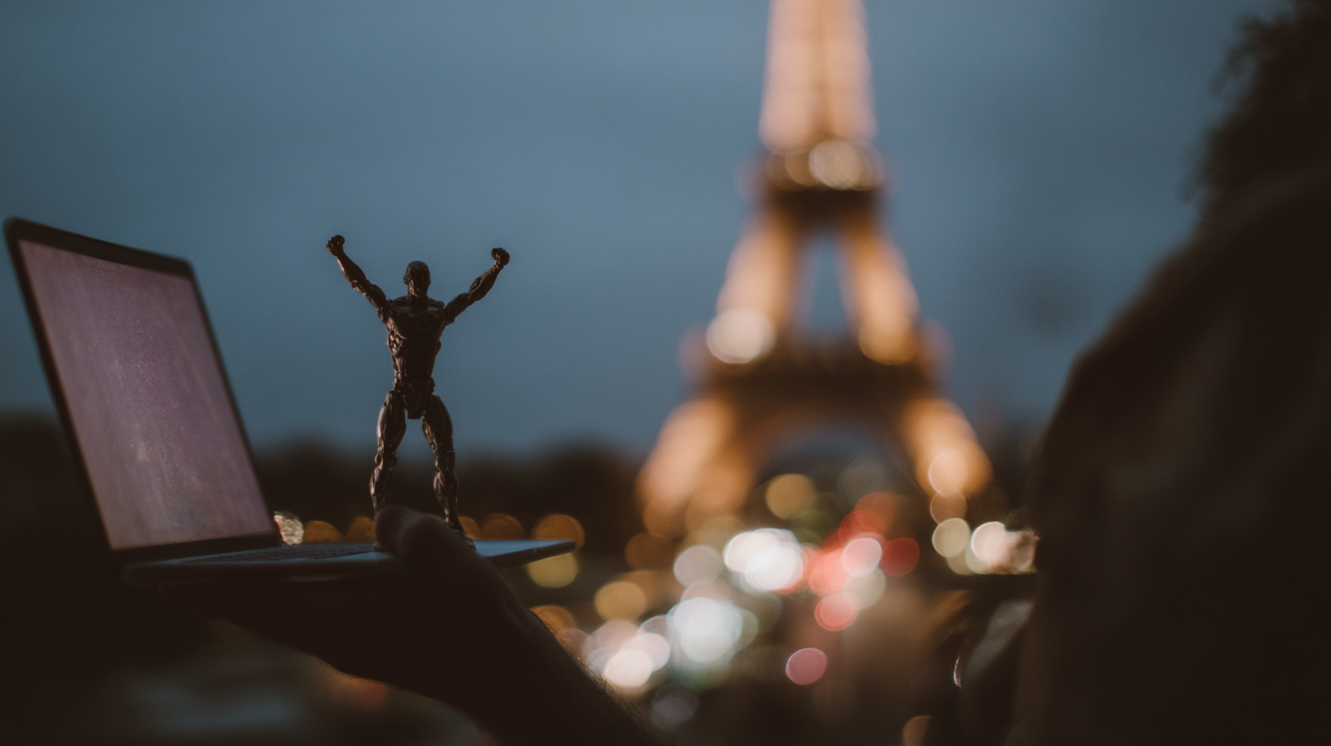 openai Close up silhouette of hands holding a laptop with small robot figurine atop it in front of the Eiffel Tower lit at night