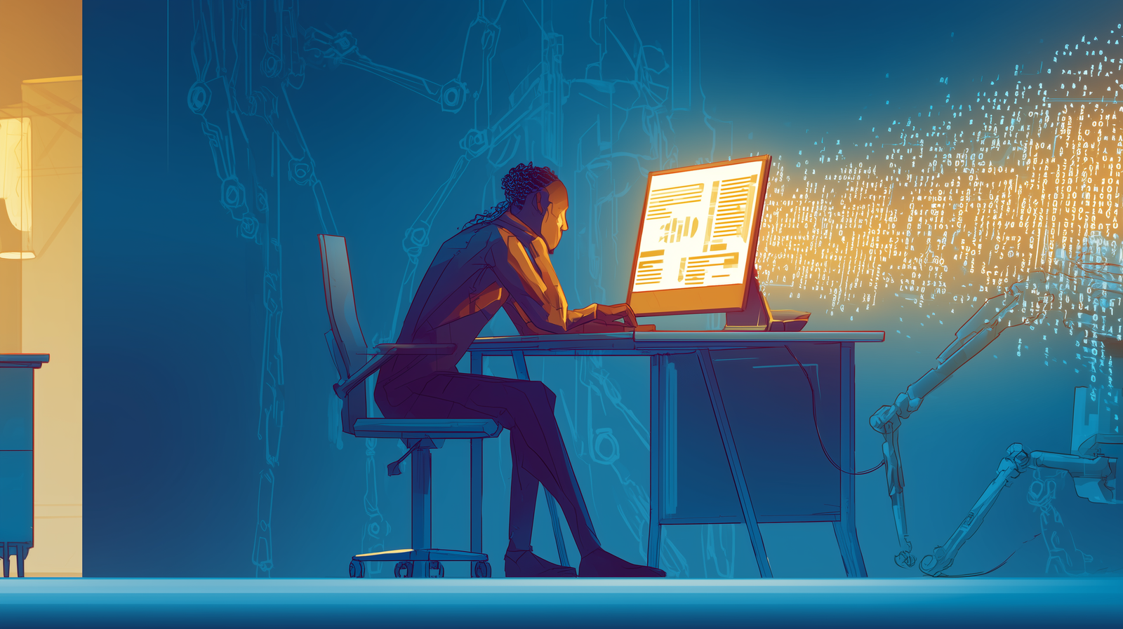 artificial intelligence artificial intelligence A human figure in silhouette hunches over a desk typing on glowing PC monitor emanating code in yellow from its back against blue backdrop