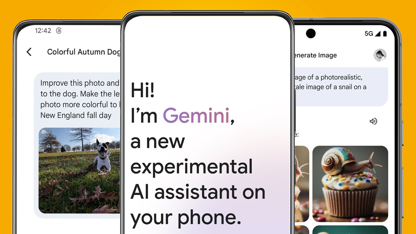 neural networks Three Android phones on an orange background showing the Google Gemini Android app